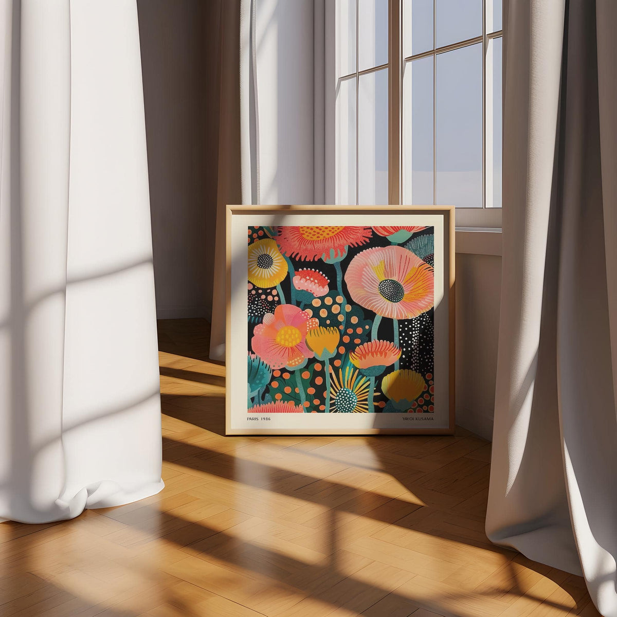 Framed square art featuring Kusama-inspired flowers poster
