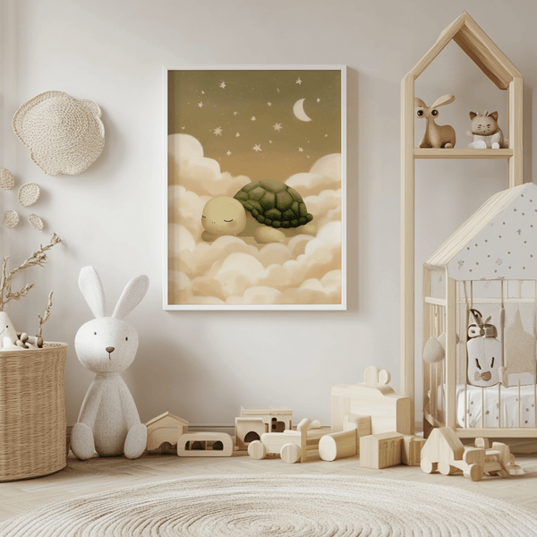 Cute Turtle Wall Art featuring beige clouds for children's wall art