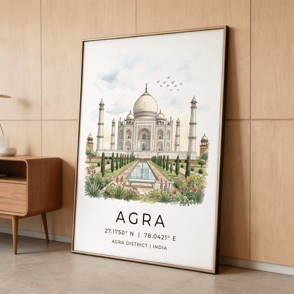 Symmetrical India travel poster print with dome, minarets, and pool