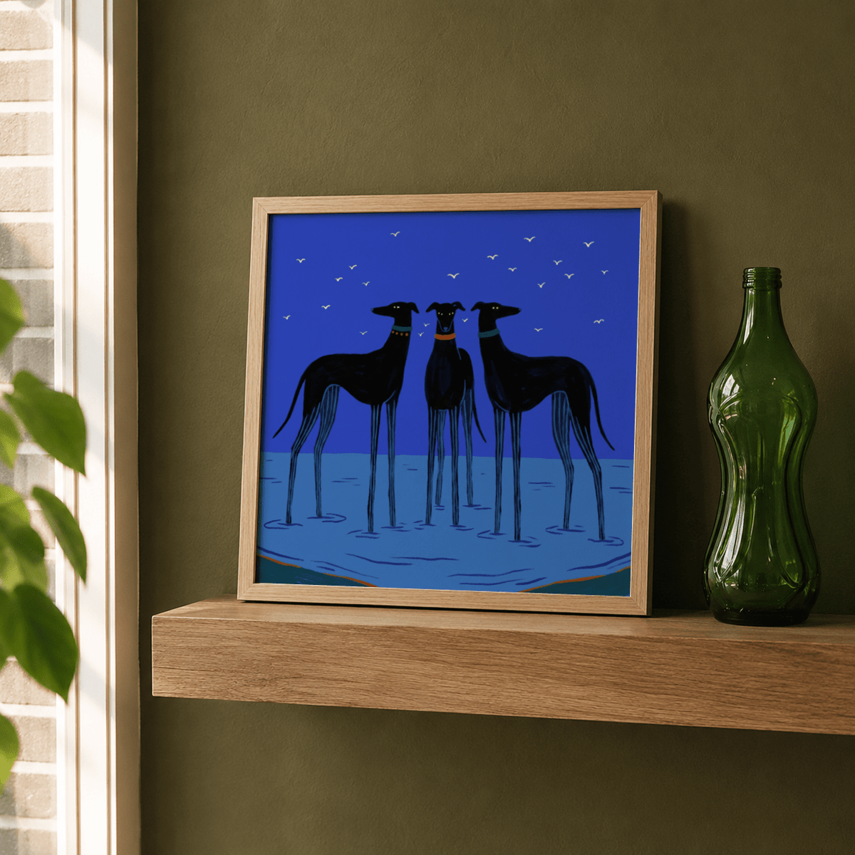 Modern Dog Wall Art displayed on desk next to indoor plant