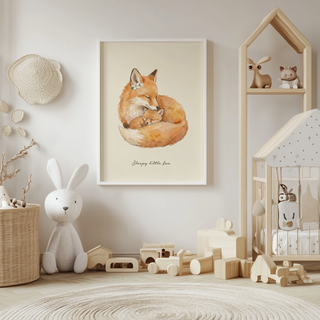 Minimal nursery animal print of two foxes resting together on light background