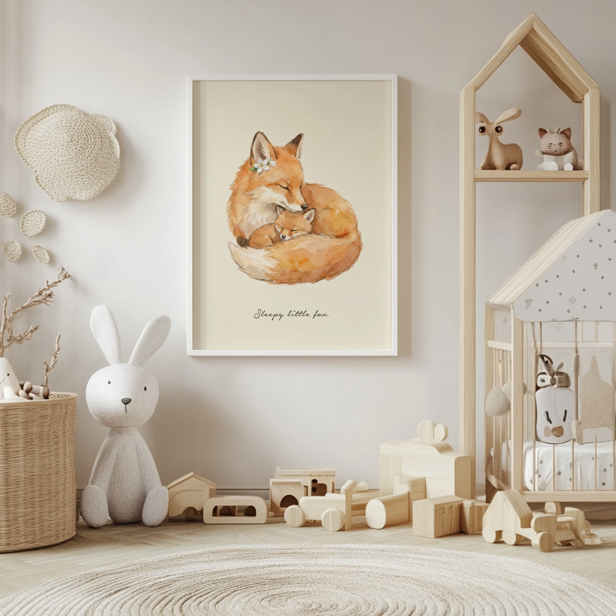Minimal nursery animal print of two foxes resting together on light background