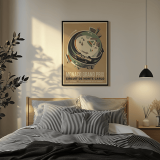 Retro motorsport print in Green, Beige, Black, and Red featuring a car speeding around a circular track