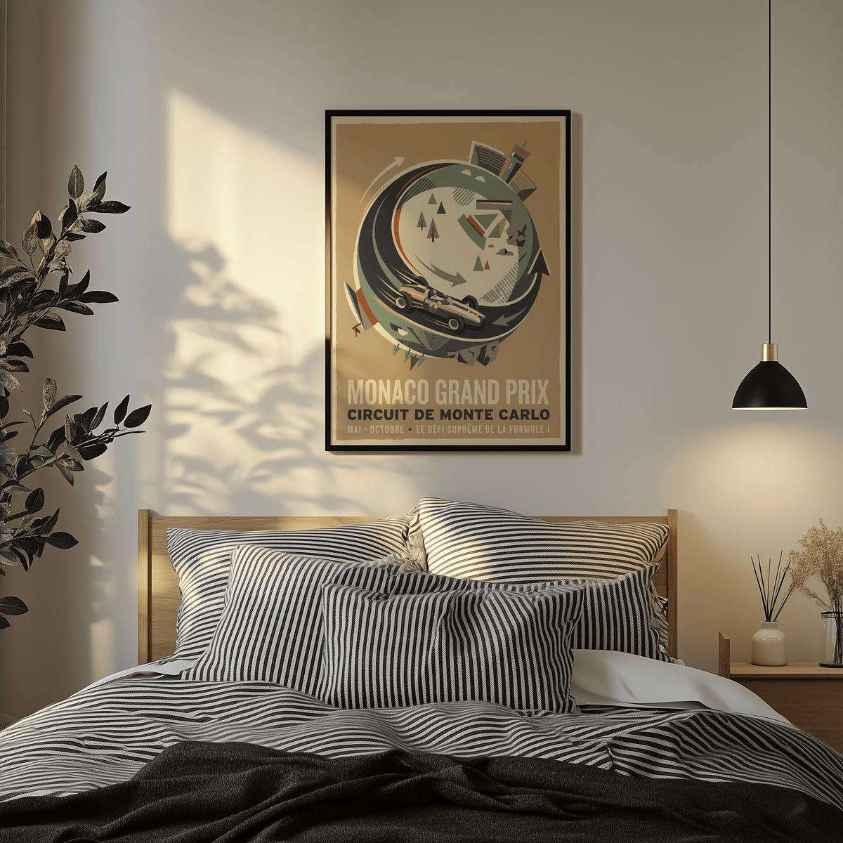 Retro motorsport print in Green, Beige, Black, and Red featuring a car speeding around a circular track