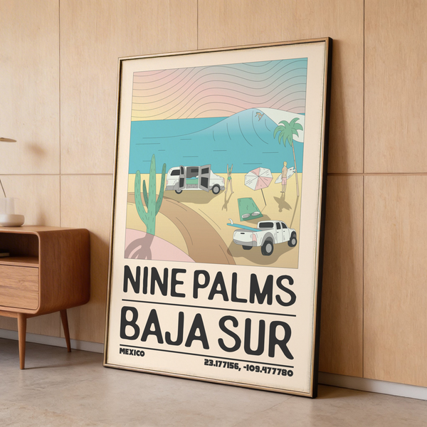 Baja Sur Wall Art print featuring Nine Palms lettering and Mexico coordinates