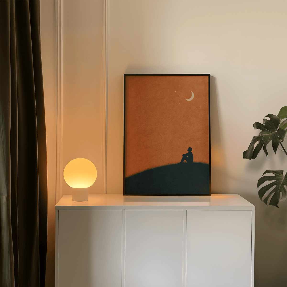 Night Silhouette Poster uses Orange and Blue tones for art print in lounge