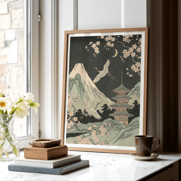 Crane Japanese Art wall art in Yellow and Black for home office