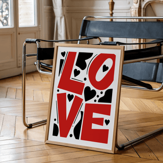 Graphic poster showing large LOVE letters with heart icons and dots