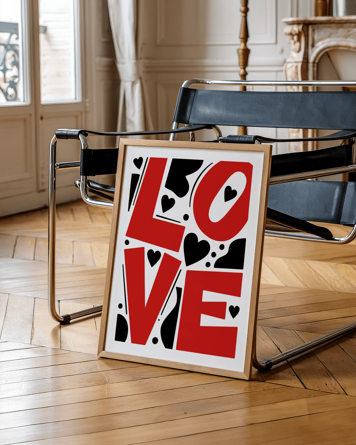Graphic poster showing large LOVE letters with heart icons and dots