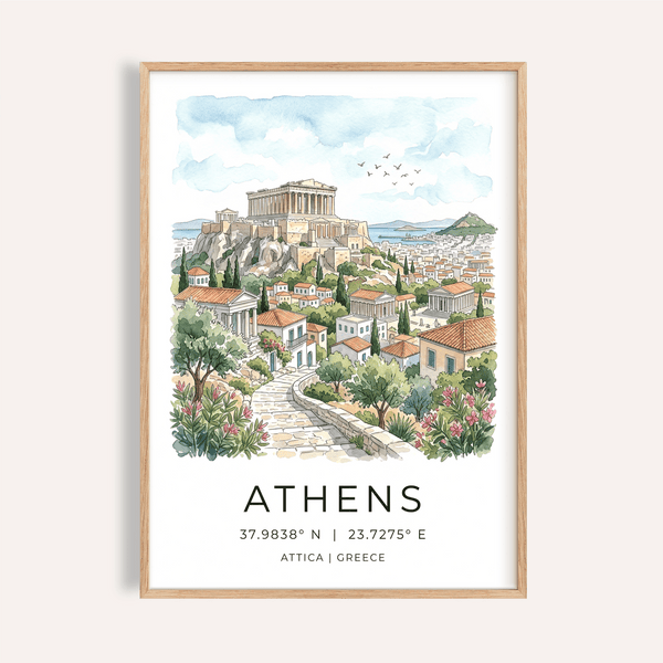 Watercolor Athens cityscape poster with Acropolis and Parthenon on a rocky hill
