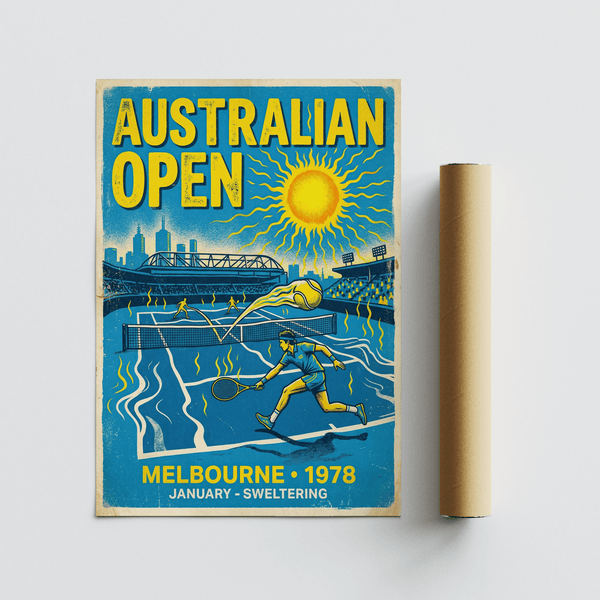 Graphic city silhouette rising above Melbourne tennis arena scene