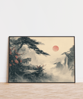 Asian Landscape Print, Beige and Green tones for study room wall art