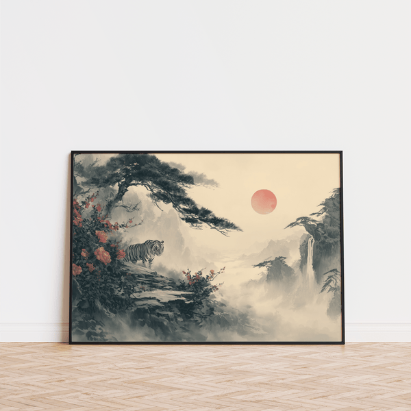 Asian Landscape Print, Beige and Green tones for study room wall art
