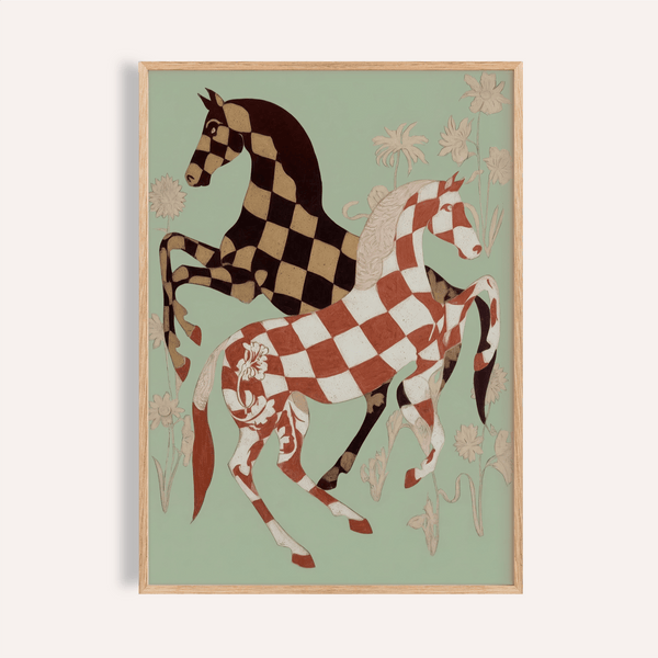 Front view of Vintage Horse Art Print poster with two checkered horses and floral line drawings