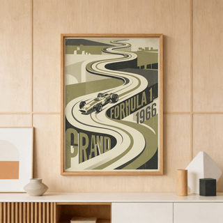 Graphic motorsport poster print featuring an S-curve track, skyline shapes, and bold FORMULA 1 1966 typography