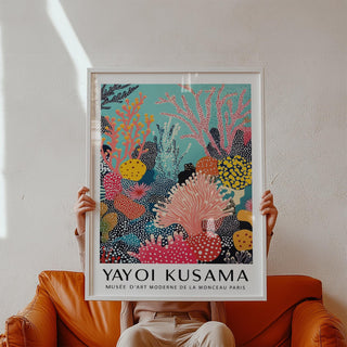 Abstract bright wall art featuring pink coral, yellow dots, and underwater textures
