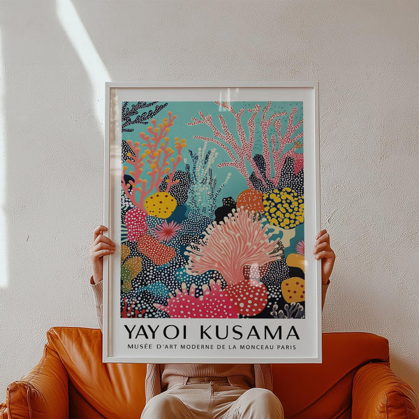 Abstract bright wall art featuring pink coral, yellow dots, and underwater textures