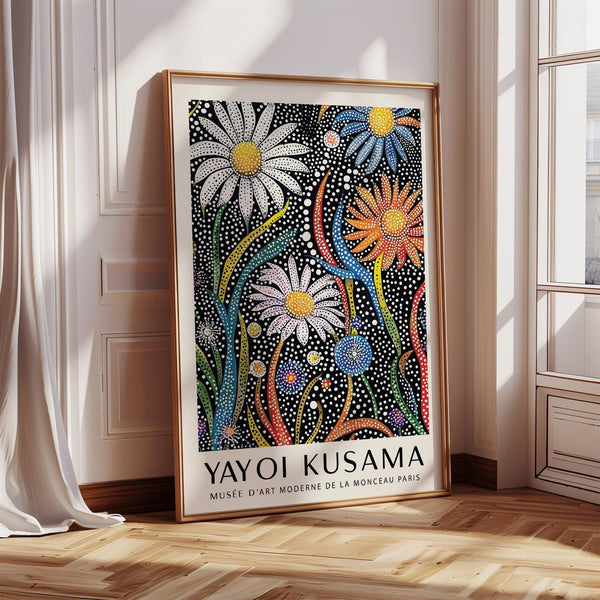 Floral Prints for Framing in bold dotted patterns with colorful daisies on black background.