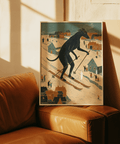 Art print of a skiing dog in Blue, Orange, and Beige hues for hallway wall