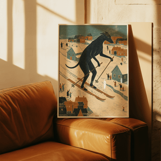 Art print of a skiing dog in Blue, Orange, and Beige hues for hallway wall