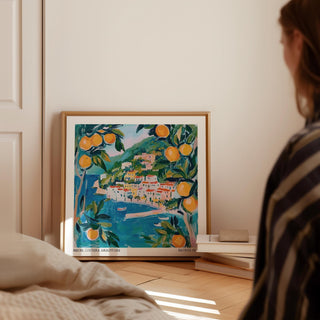 Matisse-inspired Amalfi Wall Art with lush greens and colorful buildings.