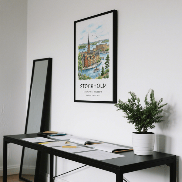 Illustrated waterfront Stockholm City Art Print with colorful buildings and river