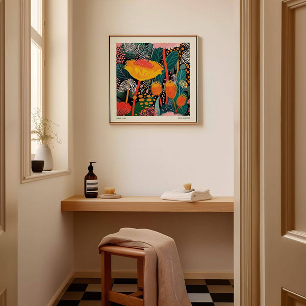 Graphic flower design in square-format floral prints for framing