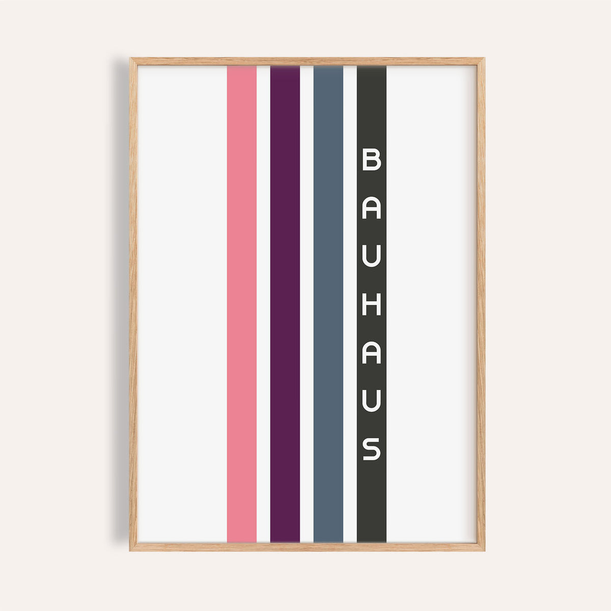 Geometric art wall print with vertical pink and blue stripes for modern living rooms
