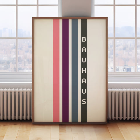 Vertical stripe wall art in pink, purple, blue, and black, perfect for retro and minimalist spaces

