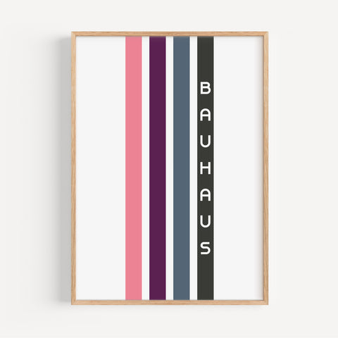 Vertical stripe wall art in pink, purple, blue, and black, perfect for retro and minimalist spaces
