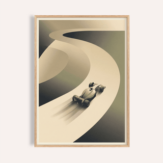 Framed Racing Car Art Print of a minimalist race car on a curved track in beige and grey shades
