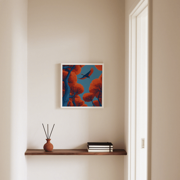 Fyling Bird Wall Decor art print featuring blue and red, perfect for office