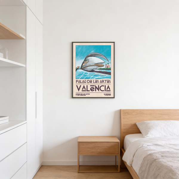 Minimal linework architecture poster print with curved structure, water patterns, and small trees