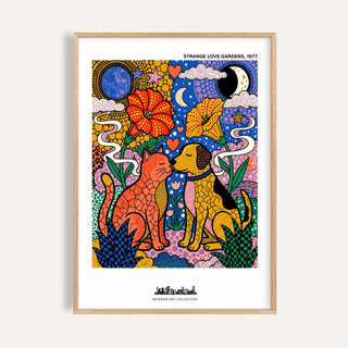Front view of Colorful Animal Art Print poster with cat and dog facing each other among flowers and hearts