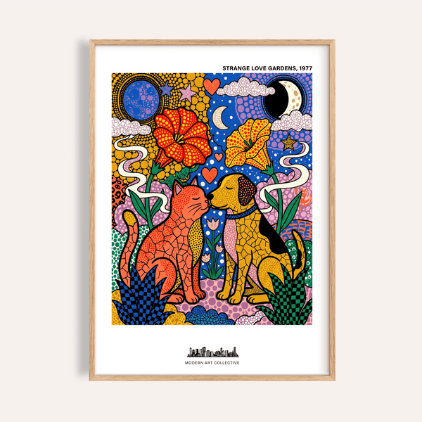 Front view of Colorful Animal Art Print poster with cat and dog facing each other among flowers and hearts