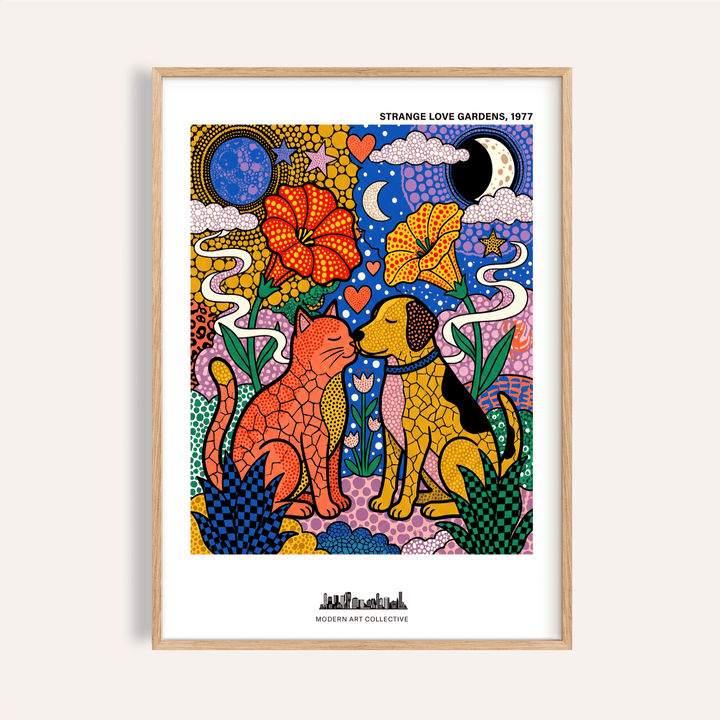 Front view of Colorful Animal Art Print poster with cat and dog facing each other among flowers and hearts