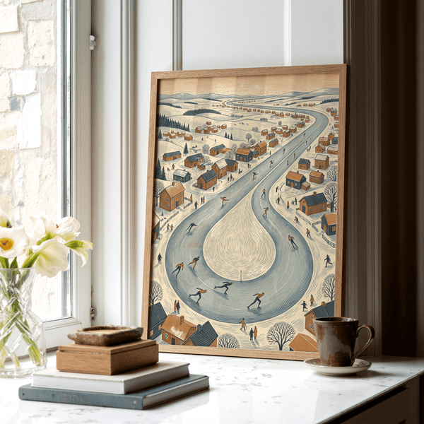 Winter Village Scene art print featuring Orange houses for bedroom wall art