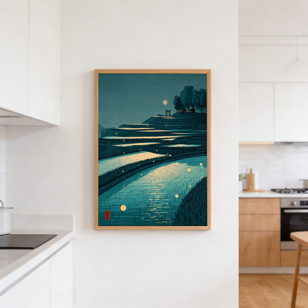 Quiet hillside rice terraces poster print with trees, torii gate, and distant house