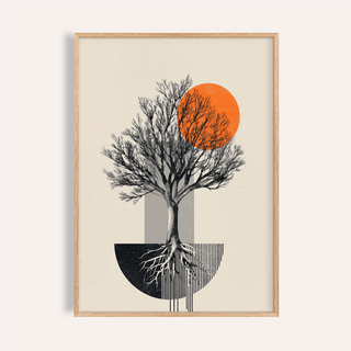 Minimalist tree poster with branching canopy, orange circle, and geometric blocks