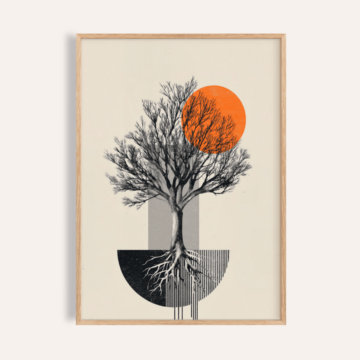 Minimalist tree poster with branching canopy, orange circle, and geometric blocks