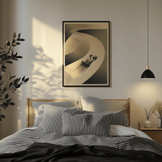 Retro racing wall art print with a formula-style car and layered curved track lines