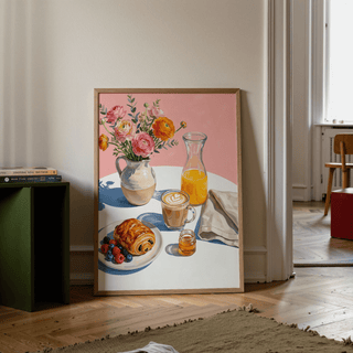 Breakfast Wall Art in pink, orange, and yellow perfect for cafe nook poster