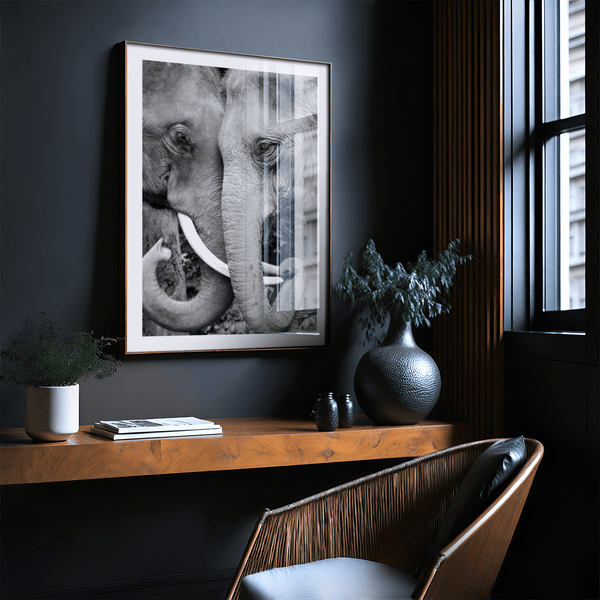 Animal Portrait Art black-and-white elephant wall art with close-up facial detail