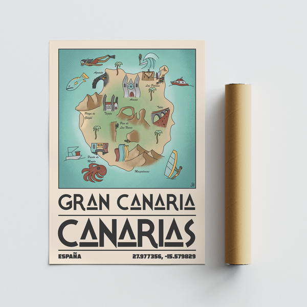 Coastal-themed map wall art print with palm trees, boats, and simple landmark drawings