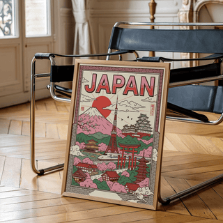Japan Wall Art with iconic landmarks in Red and Beige tones for bedroom wall art