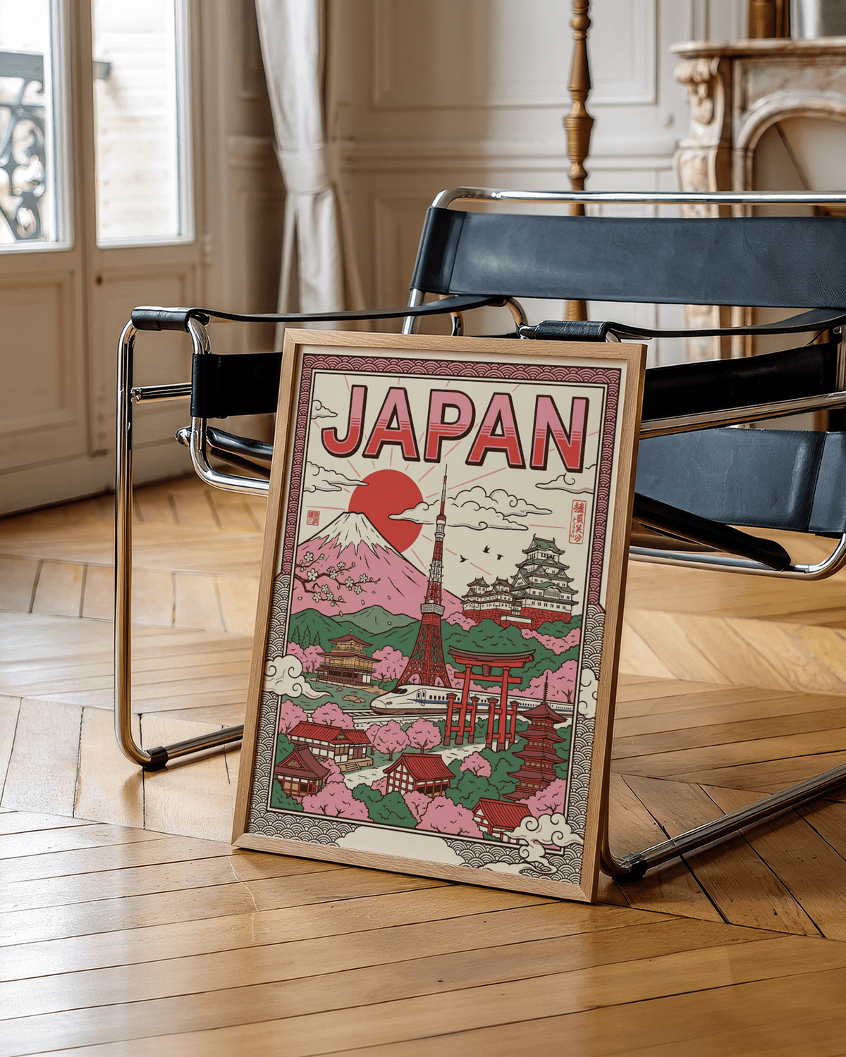 Japan Wall Art with iconic landmarks in Red and Beige tones for bedroom wall art