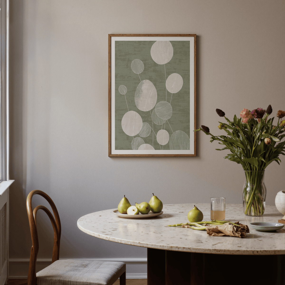Textured abstract foliage poster with multiple rounded leaf silhouettes