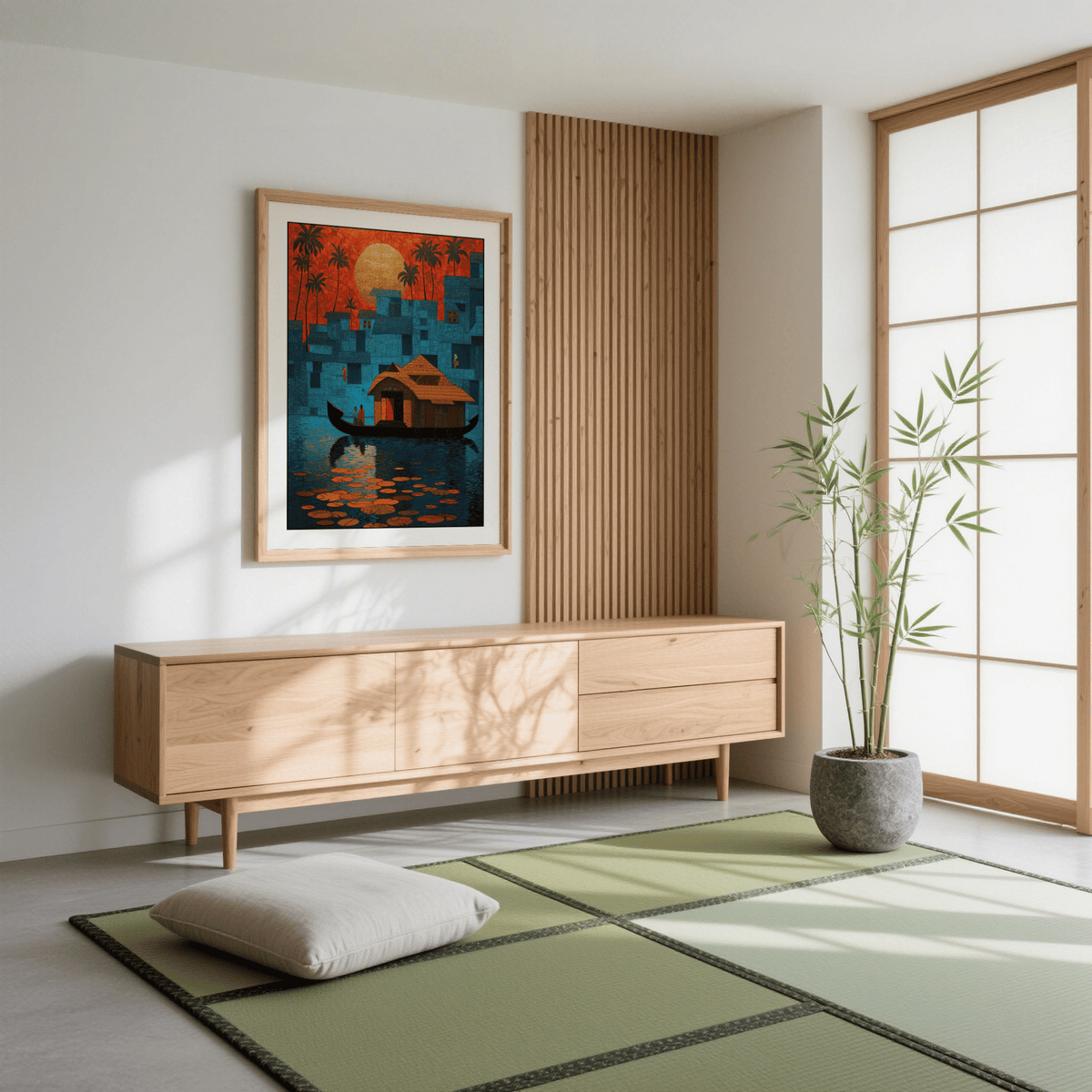 Showcasing Kerala Wall Art poster with palms and geometric-textured buildings above a backwater scene