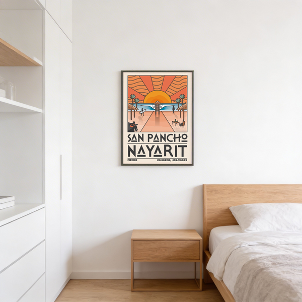 Typography-led travel wall art print reading San Pancho Nayarit with geometric lettering
