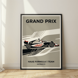 Graphic racing poster print showing side-view Formula 1 car and track stripes, Haas branding